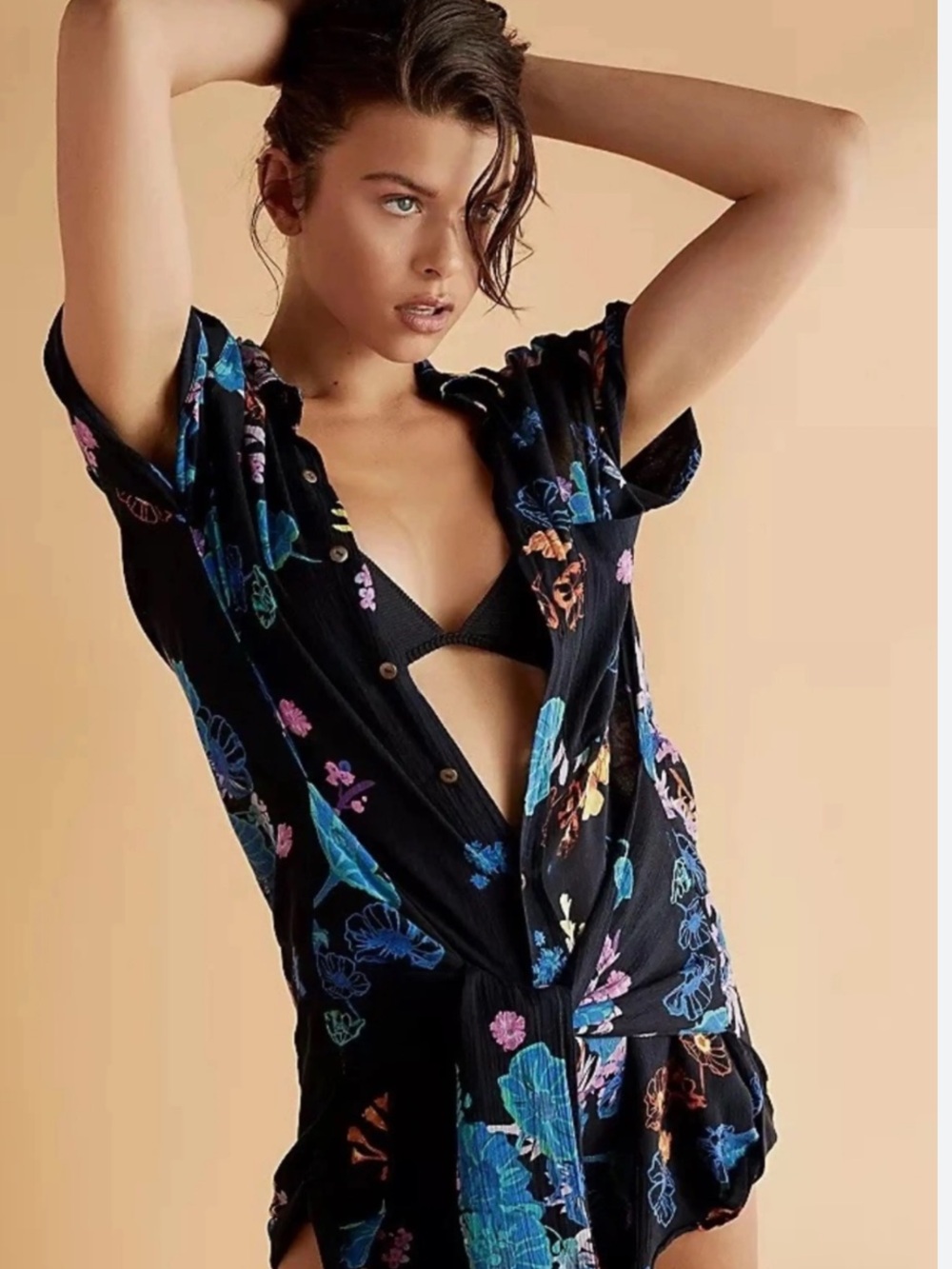 Free People FP One Poppy Floral Tie Front Romper Boho Coastal Indie Festival